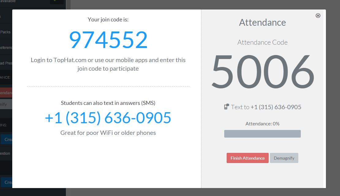 Top Hat user interface attendance code