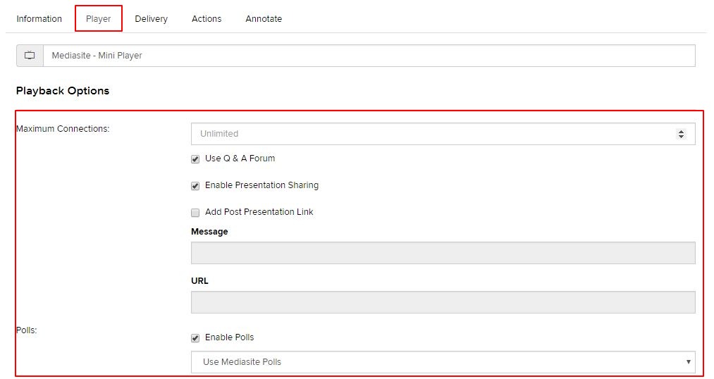 Playback Options including Use Q & A Forum, Enable Presentation Sharing, Add Presentation Link, and Enable Polls check boxes under Player tab