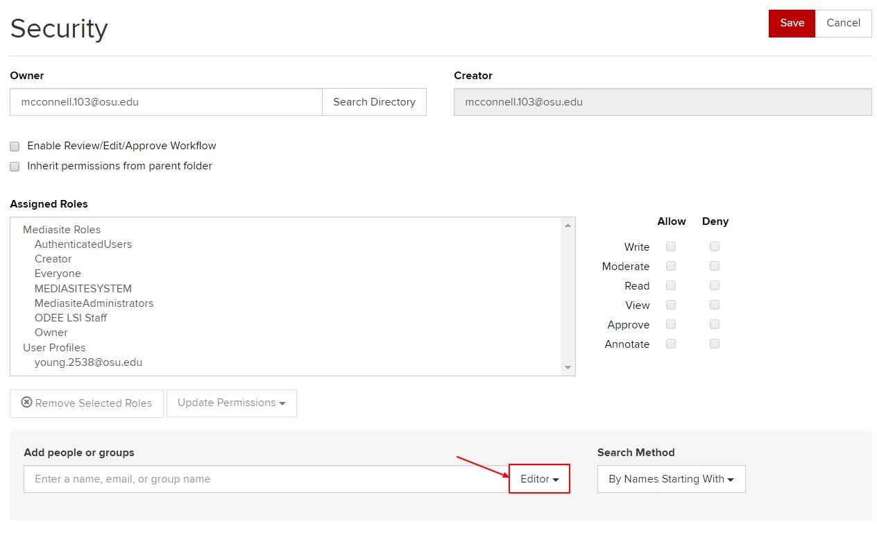 Role select box to the right of Add People or Groups field
