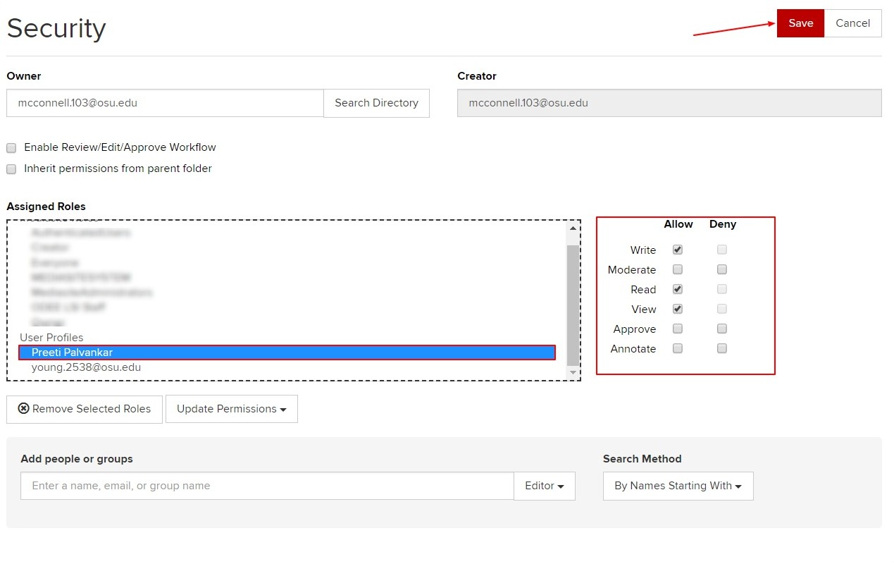 Save button in upper right corner of Security page