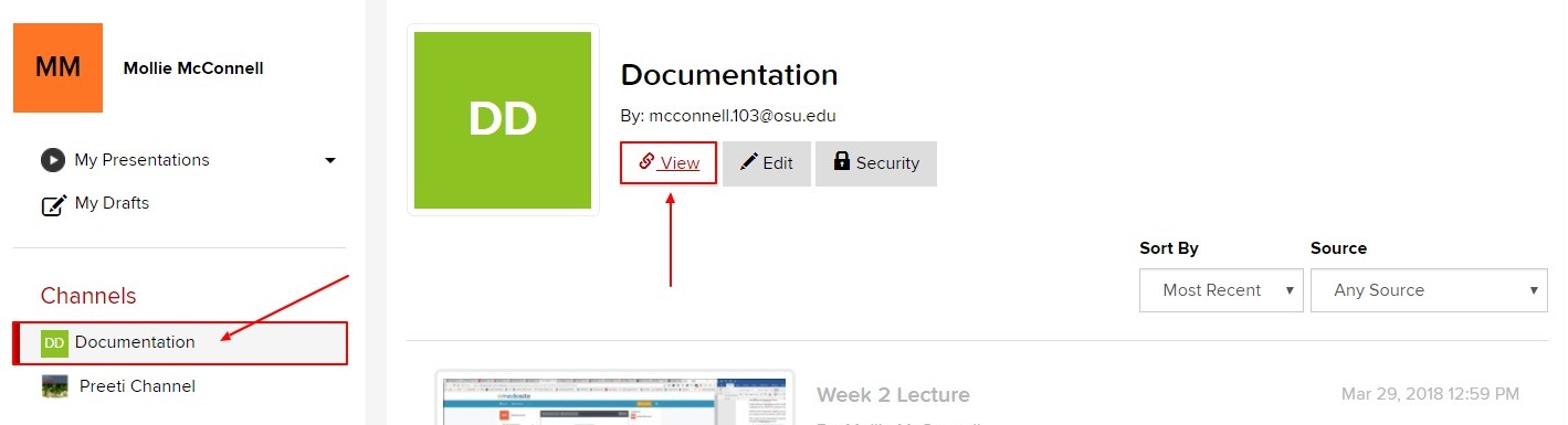 View button under channel name in right area of dashboard