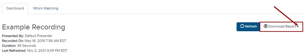 Download report button to the right of presentation title under Dashboard tab