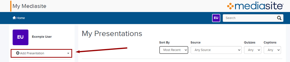 Add Presentation button on left side page