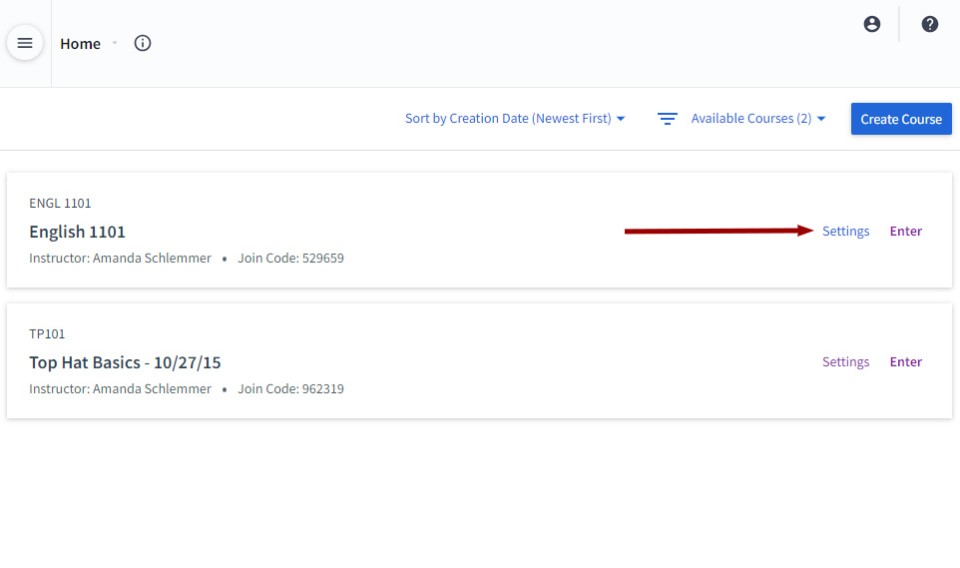 Top Hat user interface settings option on course