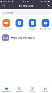 Zoom app home screen view with search bar and new meeting, join, schedule and share screen icons